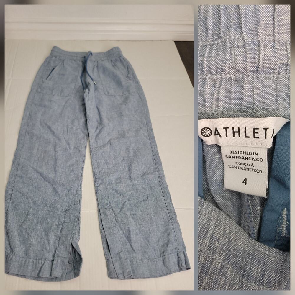 Athleta Linen Pant 4 Straight Wide Leg Split Hem Blue Chambray Coastal Beachy
